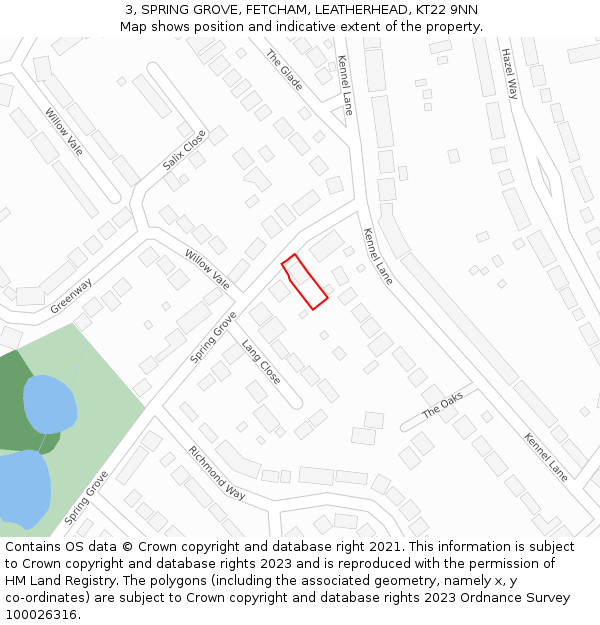 3, SPRING GROVE, FETCHAM, LEATHERHEAD, KT22 9NN: Location map and indicative extent of plot