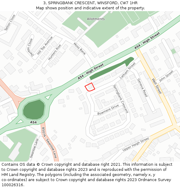 3, SPRINGBANK CRESCENT, WINSFORD, CW7 1HR: Location map and indicative extent of plot