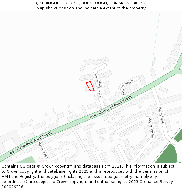 3, SPRINGFIELD CLOSE, BURSCOUGH, ORMSKIRK, L40 7UG: Location map and indicative extent of plot