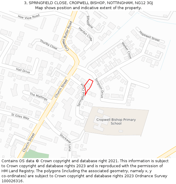 3, SPRINGFIELD CLOSE, CROPWELL BISHOP, NOTTINGHAM, NG12 3GJ: Location map and indicative extent of plot