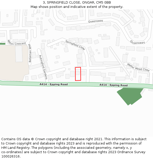 3, SPRINGFIELD CLOSE, ONGAR, CM5 0BB: Location map and indicative extent of plot