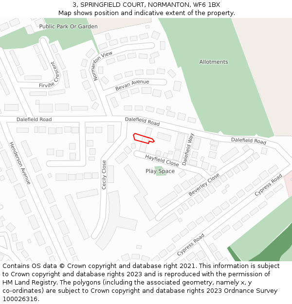 3, SPRINGFIELD COURT, NORMANTON, WF6 1BX: Location map and indicative extent of plot