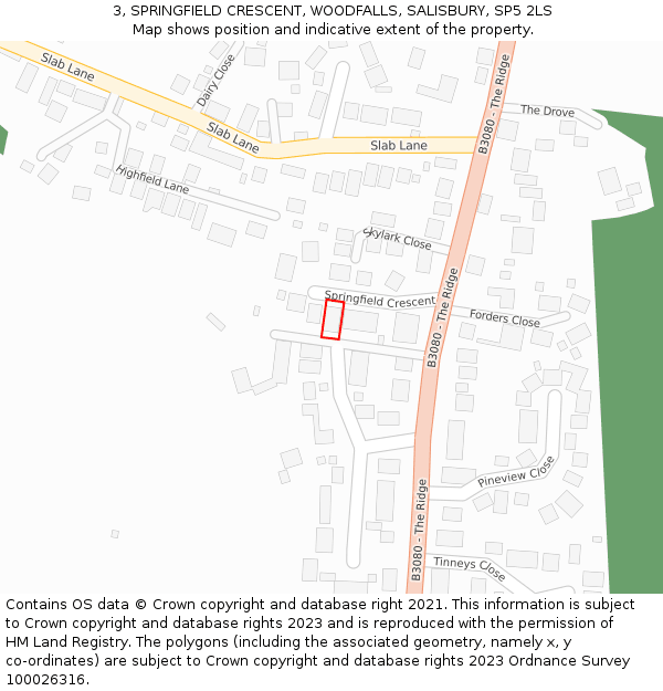 3, SPRINGFIELD CRESCENT, WOODFALLS, SALISBURY, SP5 2LS: Location map and indicative extent of plot