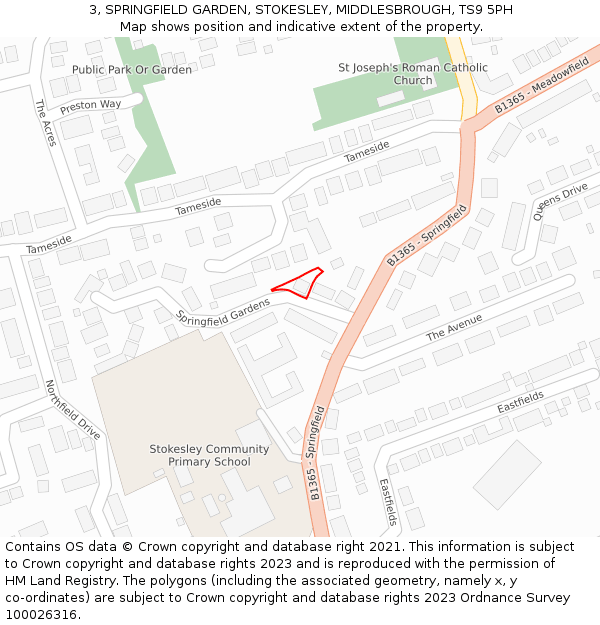 3, SPRINGFIELD GARDEN, STOKESLEY, MIDDLESBROUGH, TS9 5PH: Location map and indicative extent of plot