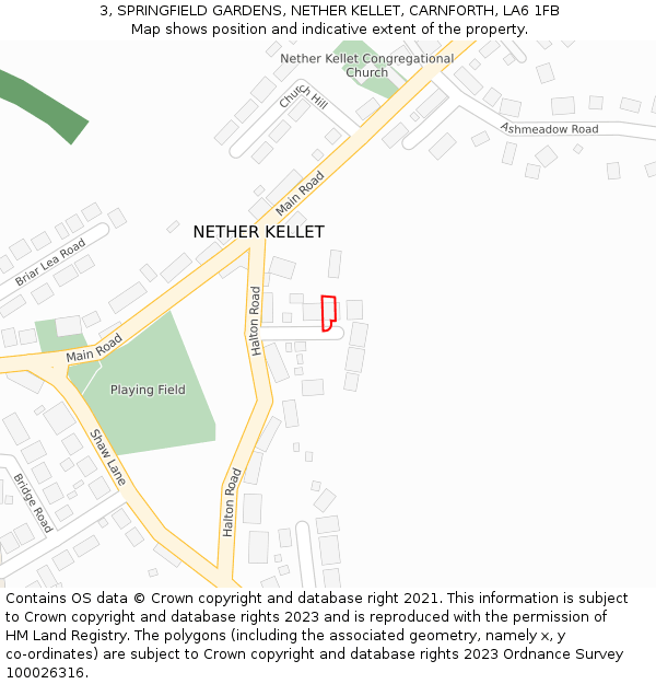 3, SPRINGFIELD GARDENS, NETHER KELLET, CARNFORTH, LA6 1FB: Location map and indicative extent of plot