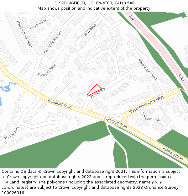 3, SPRINGFIELD, LIGHTWATER, GU18 5XP: Location map and indicative extent of plot