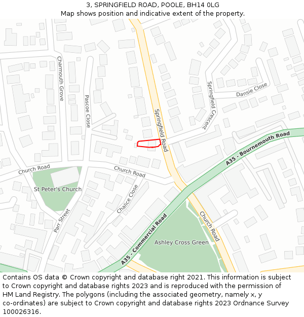 3, SPRINGFIELD ROAD, POOLE, BH14 0LG: Location map and indicative extent of plot