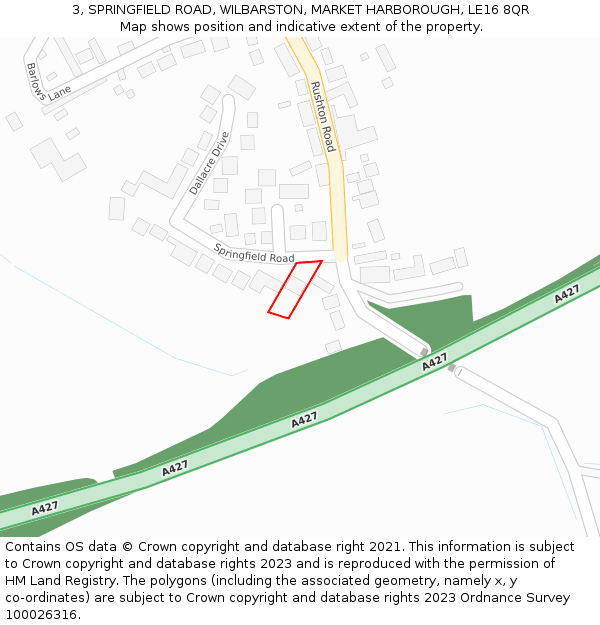 3, SPRINGFIELD ROAD, WILBARSTON, MARKET HARBOROUGH, LE16 8QR: Location map and indicative extent of plot