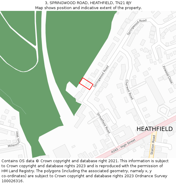 3, SPRINGWOOD ROAD, HEATHFIELD, TN21 8JY: Location map and indicative extent of plot