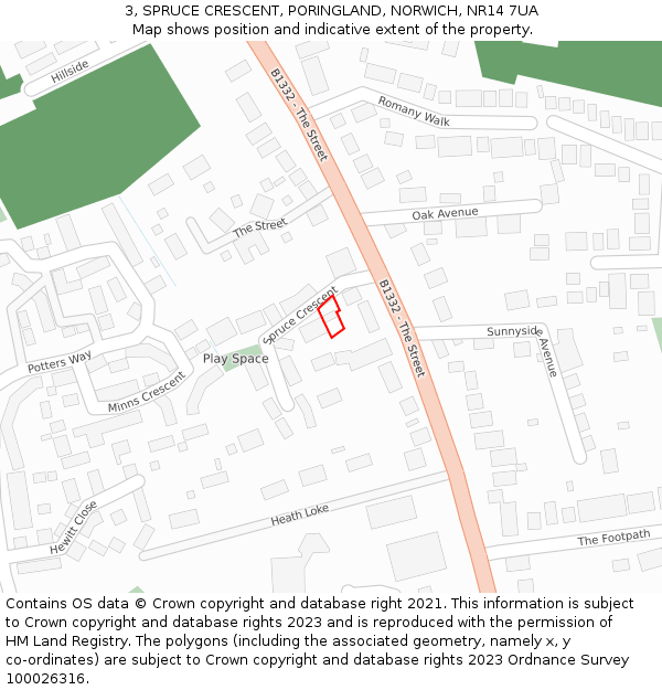 3, SPRUCE CRESCENT, PORINGLAND, NORWICH, NR14 7UA: Location map and indicative extent of plot