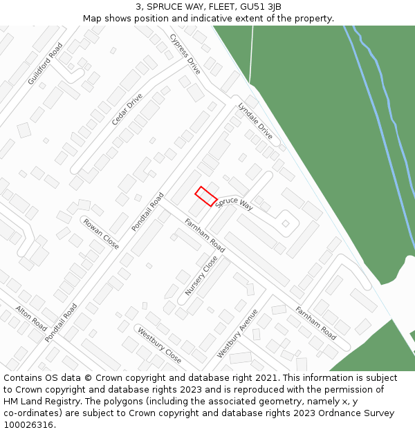 3, SPRUCE WAY, FLEET, GU51 3JB: Location map and indicative extent of plot