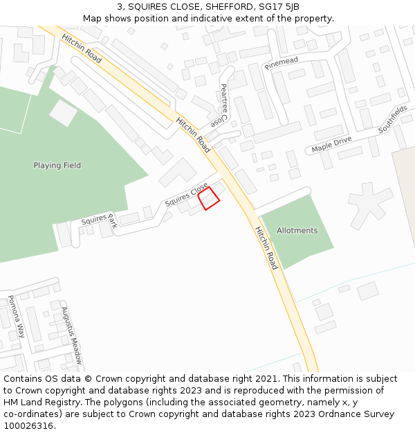 3, SQUIRES CLOSE, SHEFFORD, SG17 5JB: Location map and indicative extent of plot