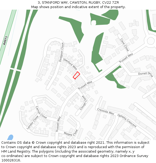 3, STANFORD WAY, CAWSTON, RUGBY, CV22 7ZR: Location map and indicative extent of plot
