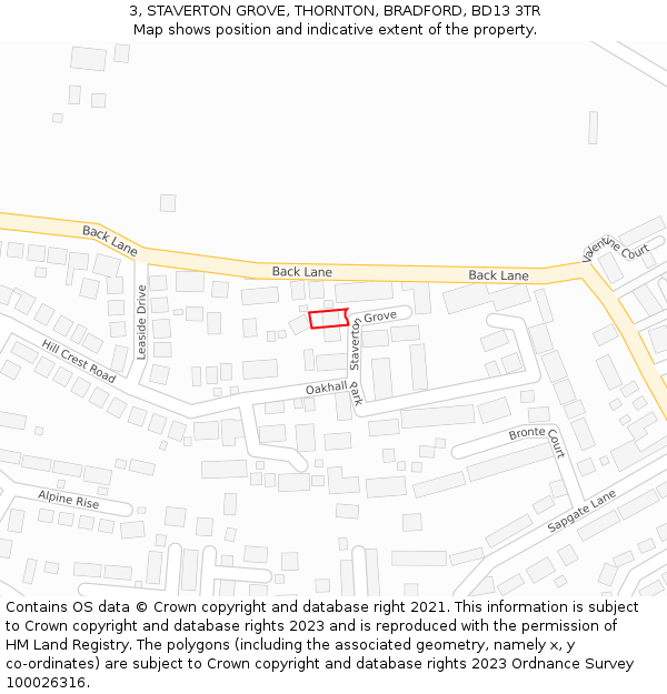 3, STAVERTON GROVE, THORNTON, BRADFORD, BD13 3TR: Location map and indicative extent of plot