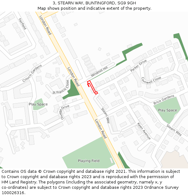 3, STEARN WAY, BUNTINGFORD, SG9 9GH: Location map and indicative extent of plot