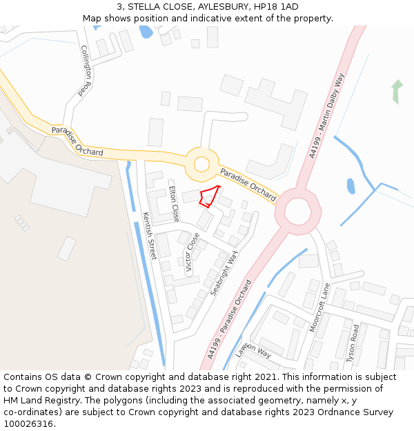 3, STELLA CLOSE, AYLESBURY, HP18 1AD: Location map and indicative extent of plot