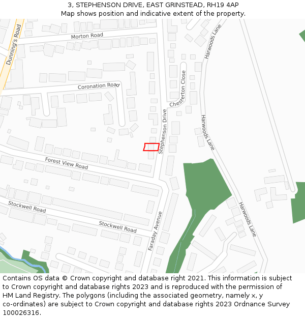3, STEPHENSON DRIVE, EAST GRINSTEAD, RH19 4AP: Location map and indicative extent of plot