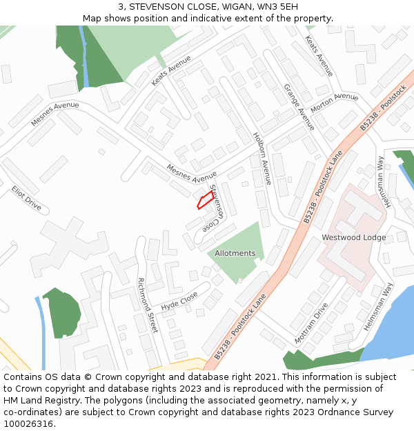 3, STEVENSON CLOSE, WIGAN, WN3 5EH: Location map and indicative extent of plot