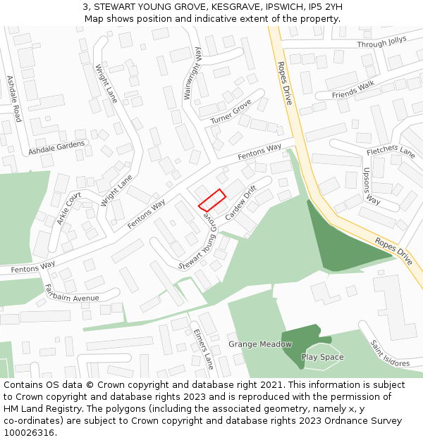 3, STEWART YOUNG GROVE, KESGRAVE, IPSWICH, IP5 2YH: Location map and indicative extent of plot