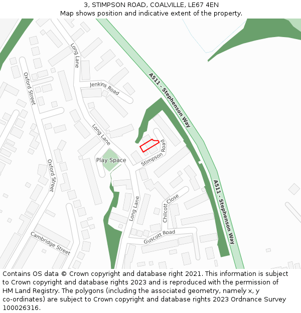 3, STIMPSON ROAD, COALVILLE, LE67 4EN: Location map and indicative extent of plot