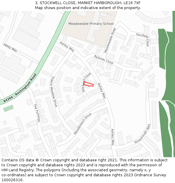 3, STOCKWELL CLOSE, MARKET HARBOROUGH, LE16 7XF: Location map and indicative extent of plot
