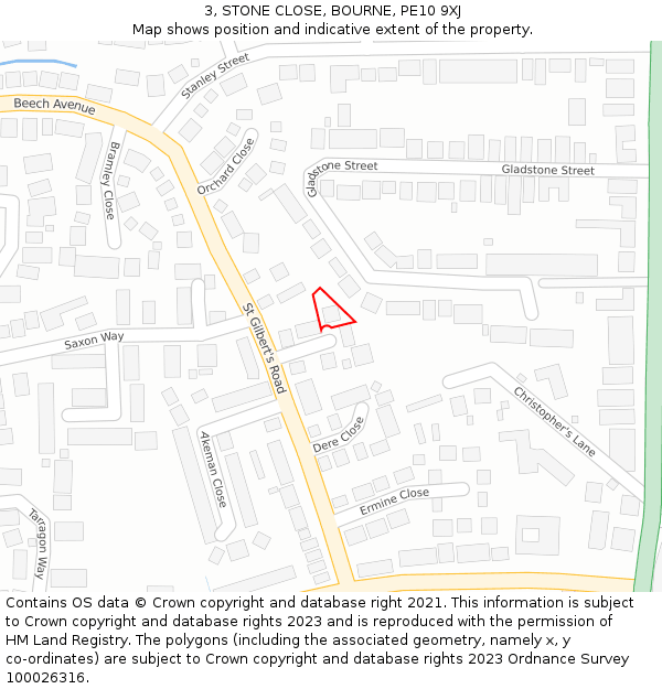 3, STONE CLOSE, BOURNE, PE10 9XJ: Location map and indicative extent of plot