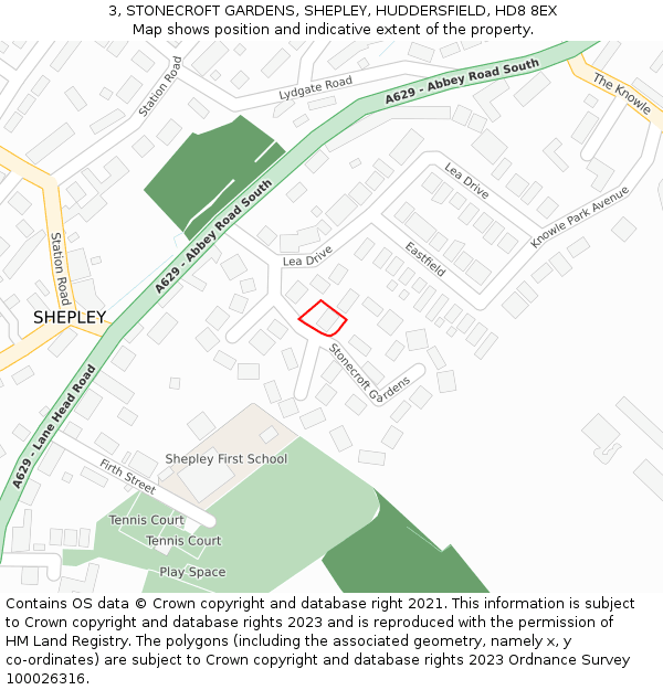 3, STONECROFT GARDENS, SHEPLEY, HUDDERSFIELD, HD8 8EX: Location map and indicative extent of plot