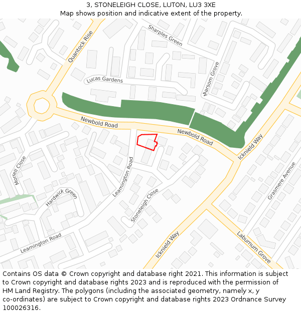 3, STONELEIGH CLOSE, LUTON, LU3 3XE: Location map and indicative extent of plot