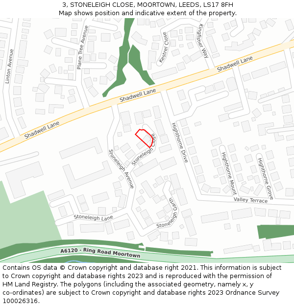 3, STONELEIGH CLOSE, MOORTOWN, LEEDS, LS17 8FH: Location map and indicative extent of plot