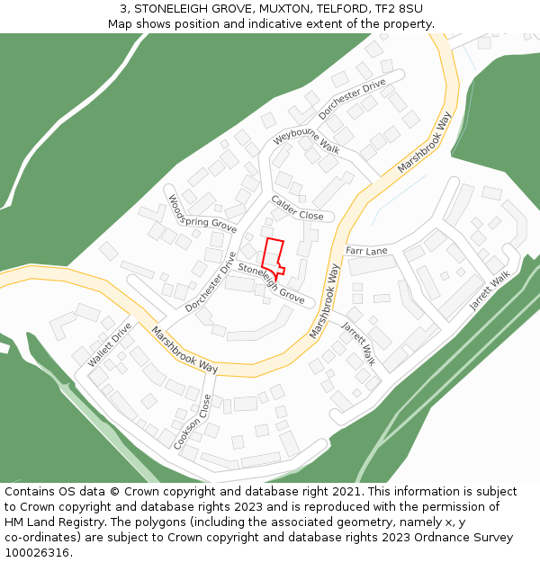 3, STONELEIGH GROVE, MUXTON, TELFORD, TF2 8SU: Location map and indicative extent of plot