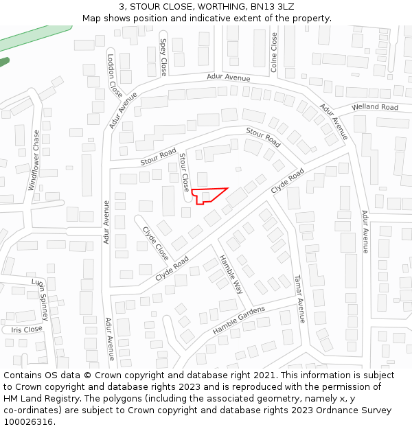 3, STOUR CLOSE, WORTHING, BN13 3LZ: Location map and indicative extent of plot