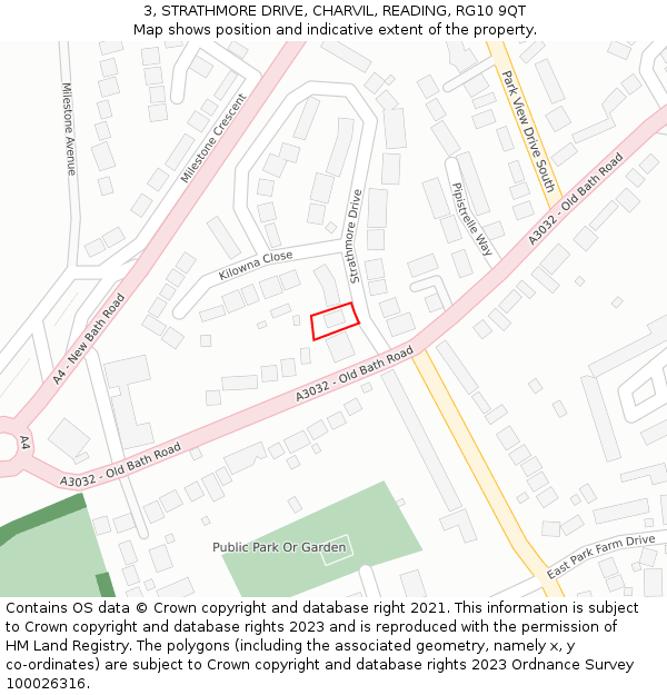 3, STRATHMORE DRIVE, CHARVIL, READING, RG10 9QT: Location map and indicative extent of plot