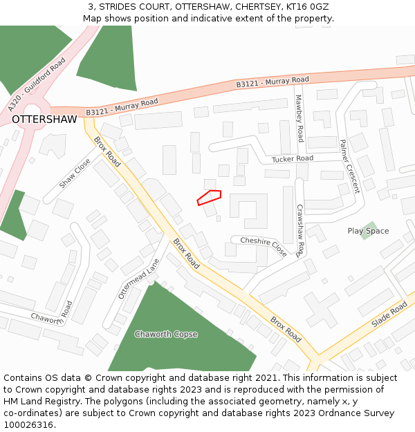 3, STRIDES COURT, OTTERSHAW, CHERTSEY, KT16 0GZ: Location map and indicative extent of plot