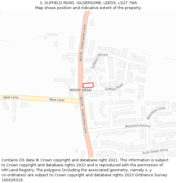 3, SUFFIELD ROAD, GILDERSOME, LEEDS, LS27 7WA: Location map and indicative extent of plot