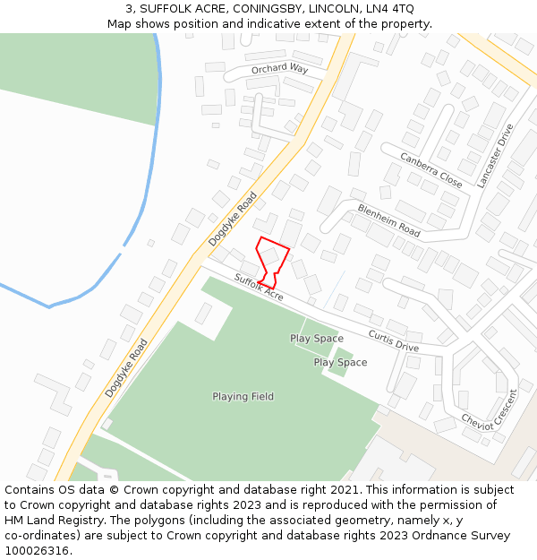 3, SUFFOLK ACRE, CONINGSBY, LINCOLN, LN4 4TQ: Location map and indicative extent of plot