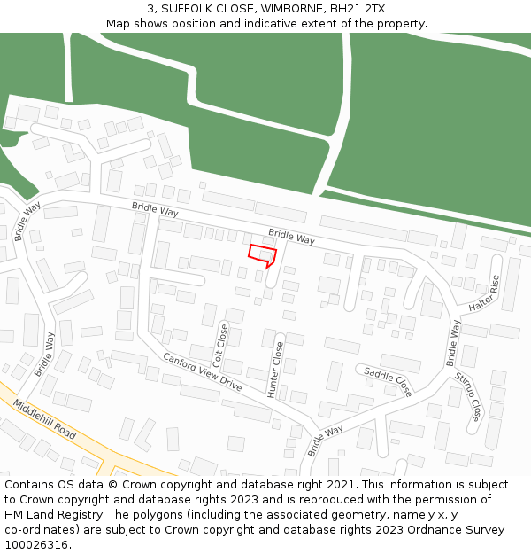 3, SUFFOLK CLOSE, WIMBORNE, BH21 2TX: Location map and indicative extent of plot