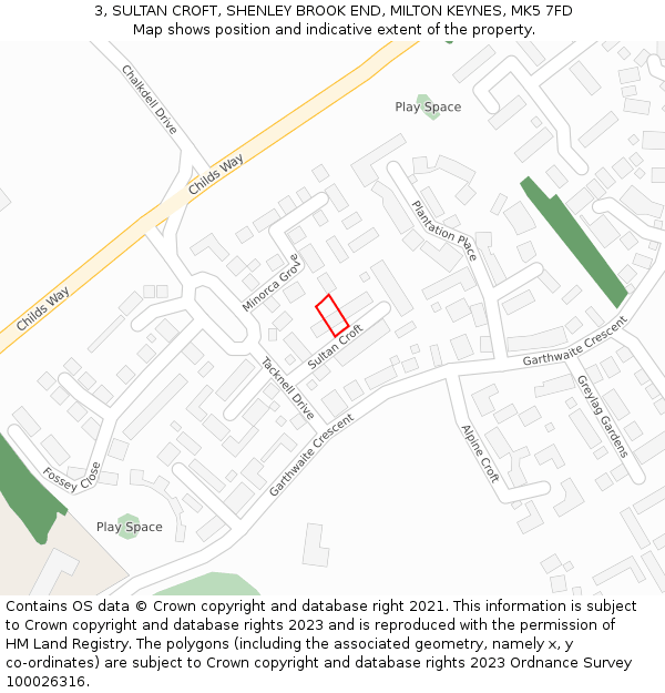 3, SULTAN CROFT, SHENLEY BROOK END, MILTON KEYNES, MK5 7FD: Location map and indicative extent of plot