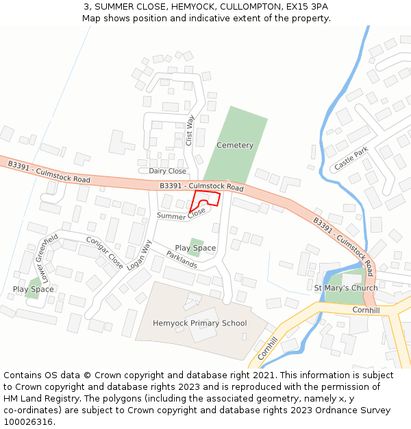 3, SUMMER CLOSE, HEMYOCK, CULLOMPTON, EX15 3PA: Location map and indicative extent of plot