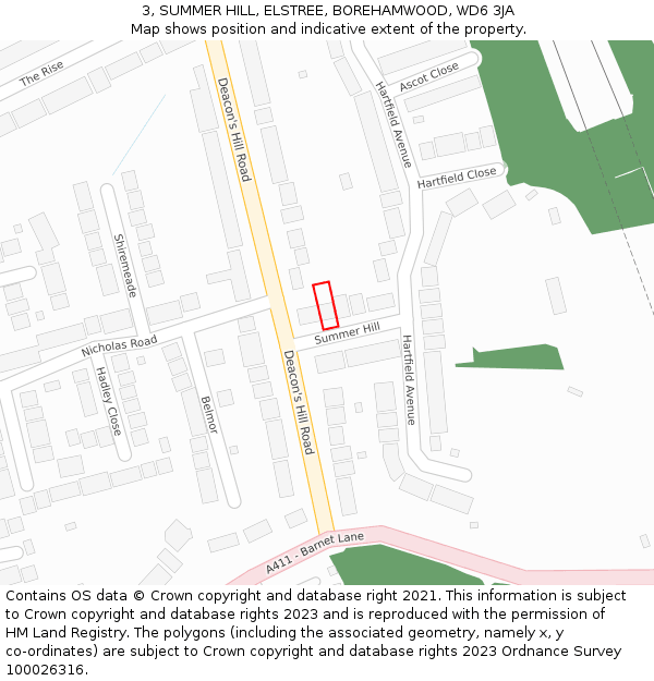 3, SUMMER HILL, ELSTREE, BOREHAMWOOD, WD6 3JA: Location map and indicative extent of plot