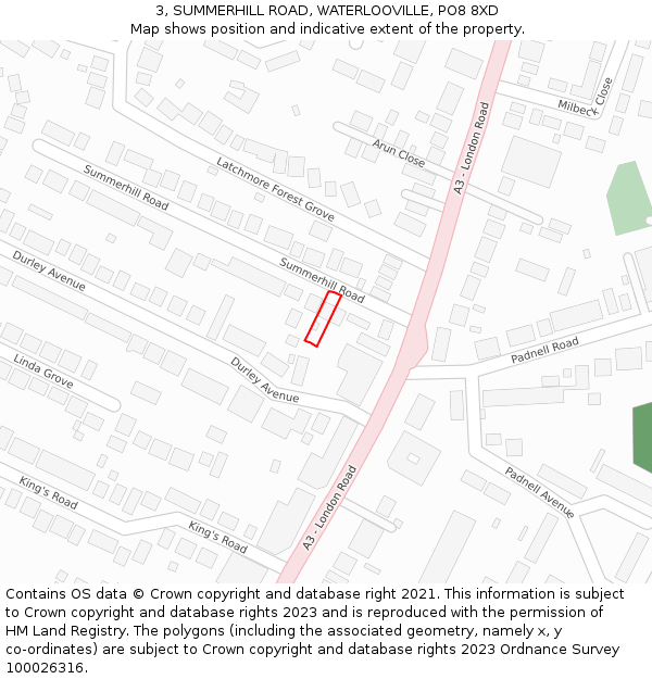 3, SUMMERHILL ROAD, WATERLOOVILLE, PO8 8XD: Location map and indicative extent of plot