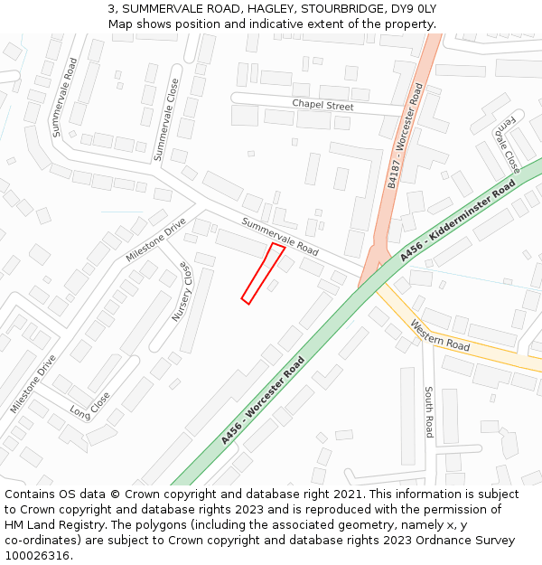 3, SUMMERVALE ROAD, HAGLEY, STOURBRIDGE, DY9 0LY: Location map and indicative extent of plot