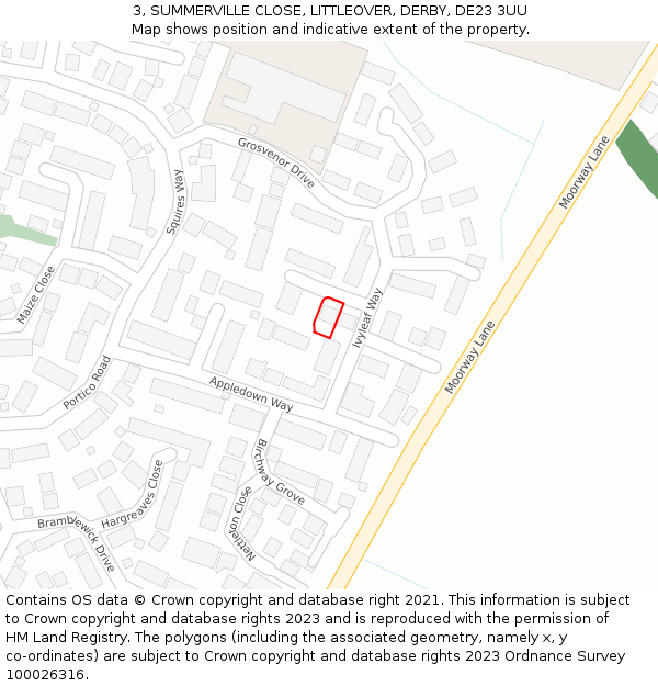 3, SUMMERVILLE CLOSE, LITTLEOVER, DERBY, DE23 3UU: Location map and indicative extent of plot