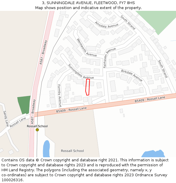 3, SUNNINGDALE AVENUE, FLEETWOOD, FY7 8HS: Location map and indicative extent of plot