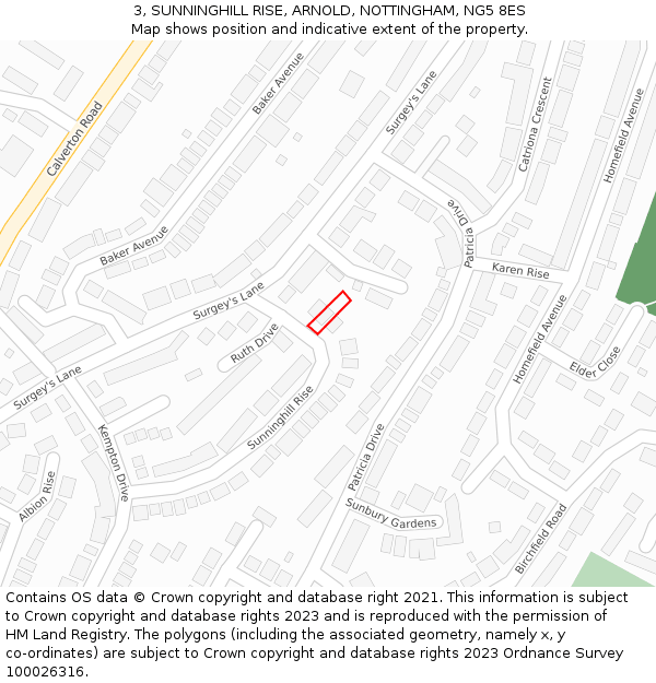 3, SUNNINGHILL RISE, ARNOLD, NOTTINGHAM, NG5 8ES: Location map and indicative extent of plot