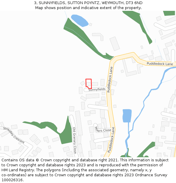 3, SUNNYFIELDS, SUTTON POYNTZ, WEYMOUTH, DT3 6ND: Location map and indicative extent of plot