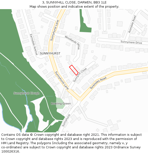 3, SUNNYHILL CLOSE, DARWEN, BB3 1LE: Location map and indicative extent of plot