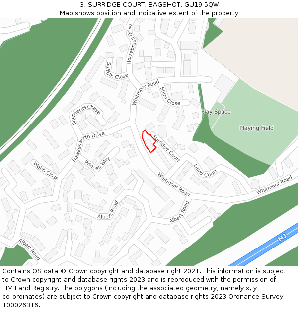 3, SURRIDGE COURT, BAGSHOT, GU19 5QW: Location map and indicative extent of plot