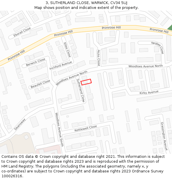 3, SUTHERLAND CLOSE, WARWICK, CV34 5UJ: Location map and indicative extent of plot