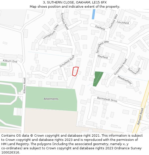 3, SUTHERN CLOSE, OAKHAM, LE15 6FX: Location map and indicative extent of plot