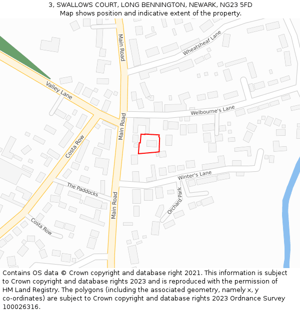 3, SWALLOWS COURT, LONG BENNINGTON, NEWARK, NG23 5FD: Location map and indicative extent of plot